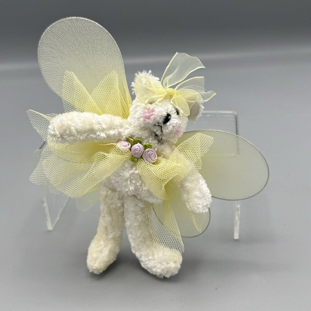 Vtg Oriental Trading Co White Teddy Bear Angel Ornament Plush Yellow 5.5" T